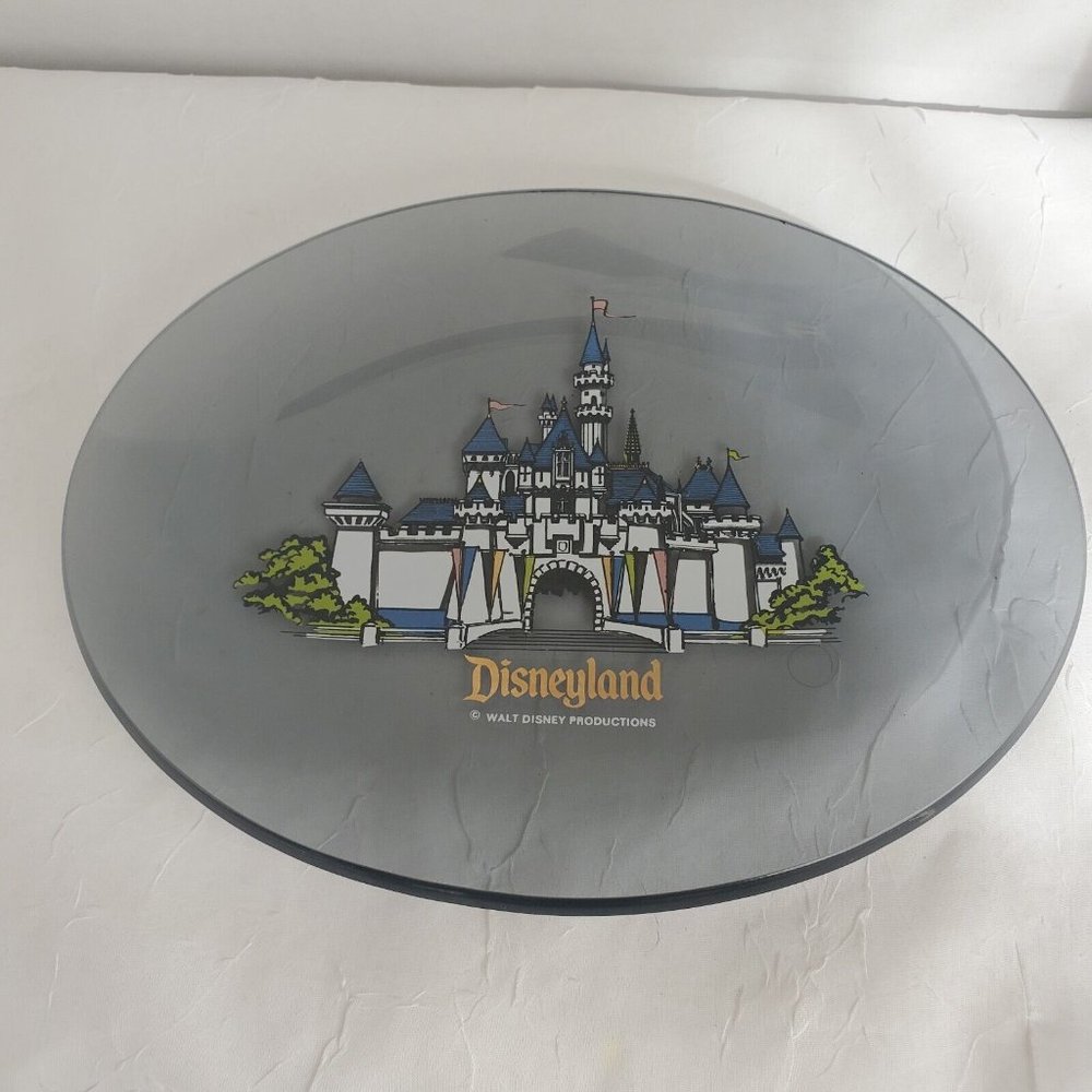 Disneyland Walt Disney 8 1/2" Oval Smokey Gray Glass Plate Princess Castle